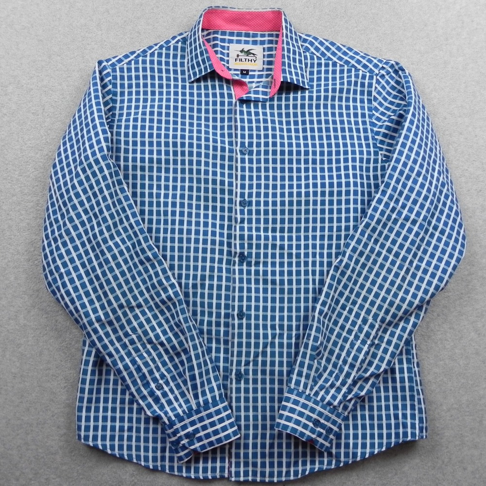 Filthy Etiquette Shirt Mens Medium Blue White Grid Check Button Up Long Sleeve